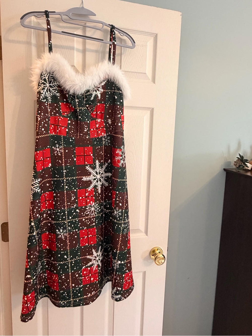 Holiday Plaid Slip Dress with Faux Fur Trim - Red & Green